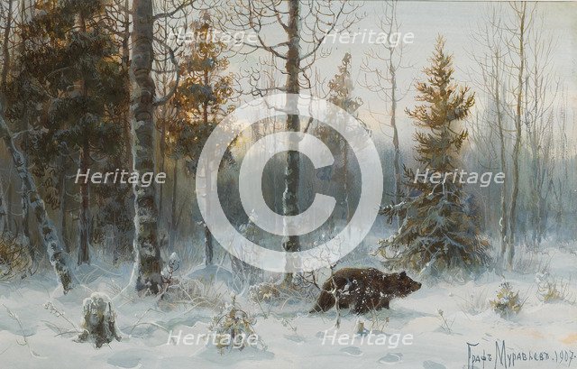 Winter Landscape with bear, 1907. Artist: Muravyov, Count Vladimir Leonidovich (1861-1940)