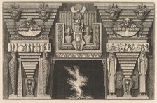 Chimneypiece in the Egyptian style: Two mummies in profile on the left and two figures..., ca. 1769. Creator: Giovanni Battista Piranesi.