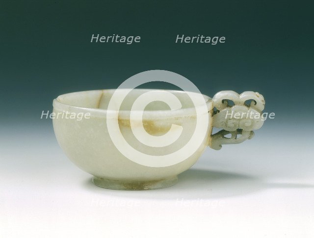 Circular jade cup with lingzhi handle, Jin or Yuan dynasty, China, 1125-1368. Artist: Unknown