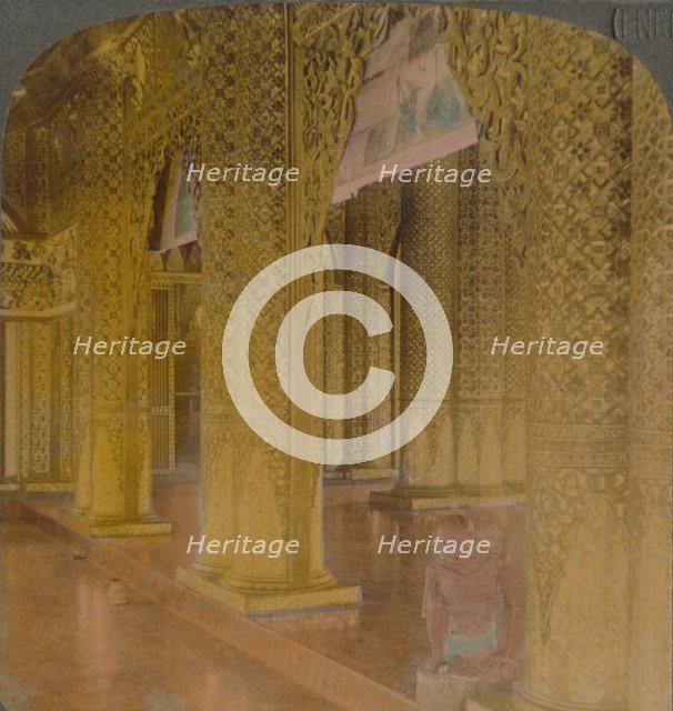 'Buddhist temple interior with costly decorations in gold and colors, Moulmein, Burma', 1907. Artists: Elmer Underwood, Bert Elias Underwood.