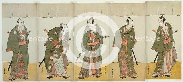 The Actors Ichikawa Monnosuke II as Karigane Bunshichi, Bando Mitsugoro I as An no,..., c. 1780. Creator: Shunsho.