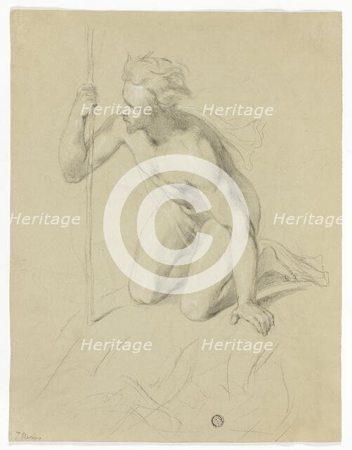 Nude Man Kneeling, Holding Staff (recto); Alpine Panorama (verso), n.d. Creator: Thomas Uwins.