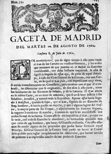 Cover of the 'Gaceta de Madrid', nº 320, on Tuesday August 10, 1762, published in Madrid in the H…