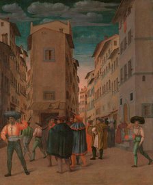 Florentine Street Scene with Twelve Figures (Sheltering the Traveler, one of the Seven Works of Merc Creator: Anon.