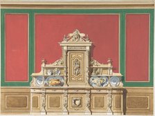 Interior Design for Large Display Cabinet against Red and Green Panelling, late 19th century (?). Creator: Anon.