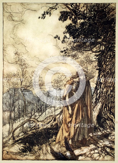 'Brunnhilde stands for a long time, dazed and alarmed', 1910.  Artist: Arthur Rackham
