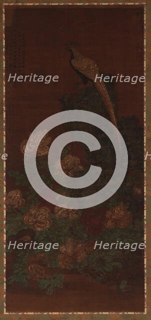 A pheasant, a rock, and peonies, Ming or Qing dynasty, 17th century. Creator: Unknown.