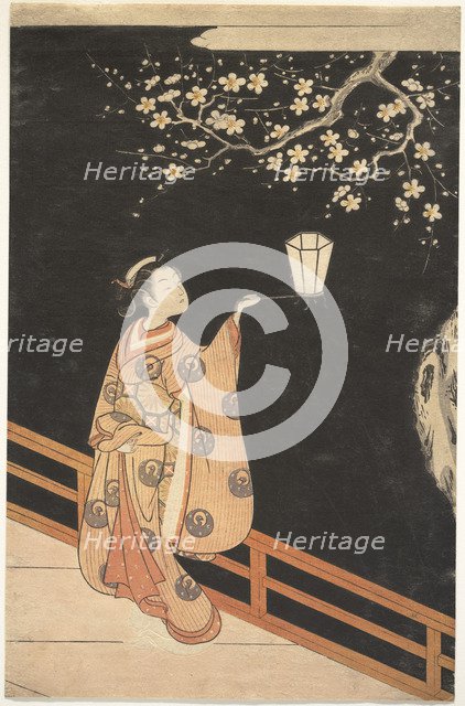 Woman Admiring Plum Blossoms at Night.