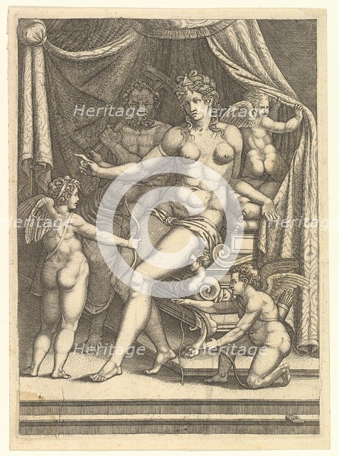 Venus and Vulcan Seated on a Bed and Three Putti, mid-1550s. Creator: Giorgio Ghisi.