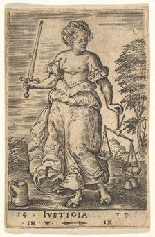 Justice, an allegorical figure holding a balance in her left hand and a sword in her right..., 1579. Creator: Jan Wierix.
