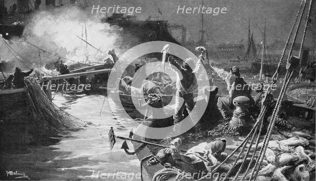 Russian fleet bombarding English fishing boats in the North Sea, Russo-Japanese War 1904-5. Artist: Unknown