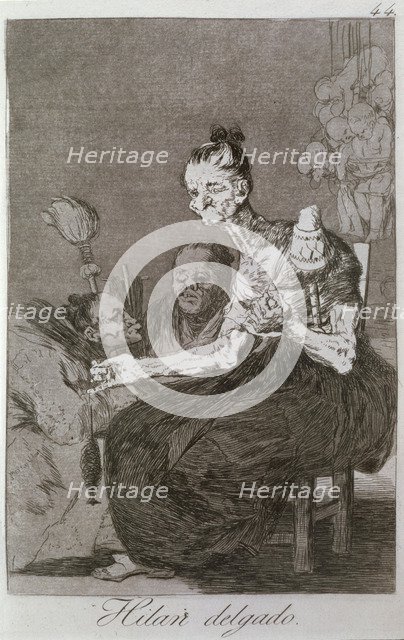 Los Caprichos, series of etchings by Francisco de Goya (1746-1828), plate 44: 'Hilan delgado' (Th…