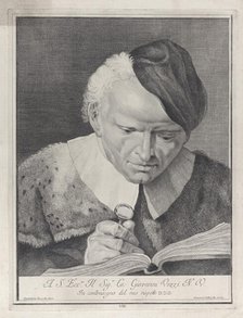 Man in a hat reading a book with a magnifying glass, 1743.  Creator: Giovanni Cattini.