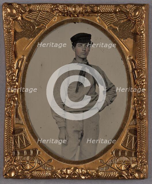 Portrait of a Young man wearing a cap and scarf, standing, about 1860. Creator: Unknown.