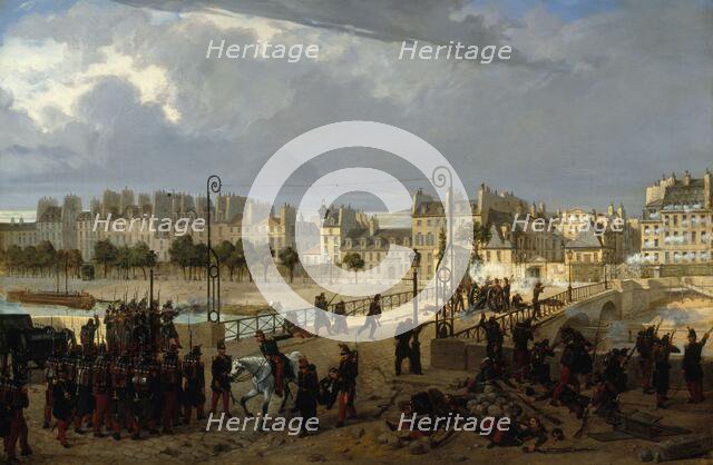 Riot scene at the Pont de l'Archeveche, 1849. Creator: Unknown.