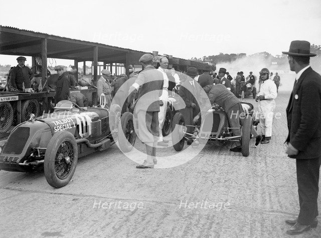 Talbot-Darracqs of Henry Segrave and Jules Moriceau, JCC 200 Mile Race, Brooklands, 1926. Artist: Bill Brunell.