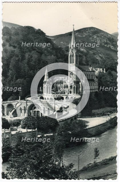 Basilica and River Gave, Lourdes, 1930s. Creator: Unknown.