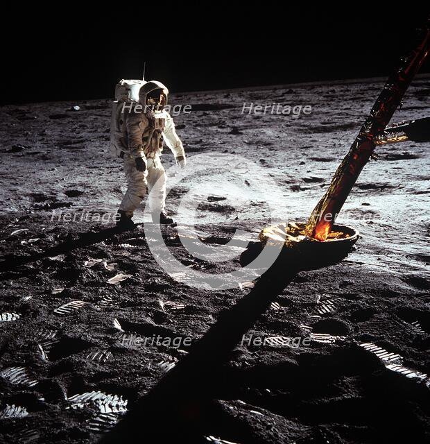 Buzz Aldrin by the leg of the Lunar Module, Apollo II mission, July 1969.  Creator: Neil Armstrong.