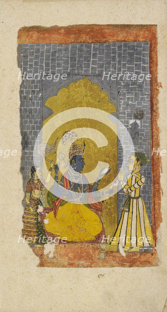 Vishnu enthroned with princely devotee standing before him, c1700-1725. Artist: Unknown.