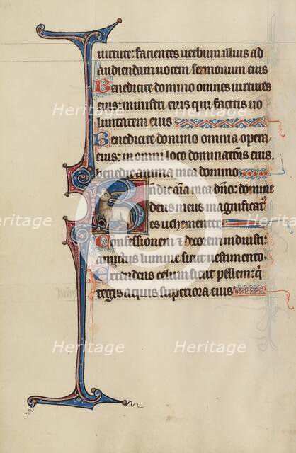 Initial B: The Ass Dies of Thirst beside a Fountain; Bute Psalter, text and illumination about 1285. Creator: Bute Master.