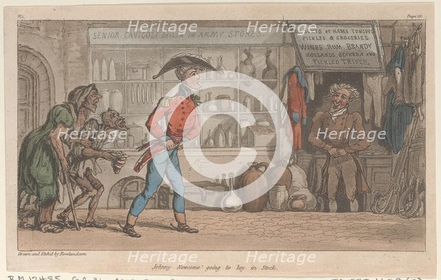 Johnny Newcome going to lay in Stock, from "The Military Adventures of Johnny Newcome", 1815., 1815. Creator: Thomas Rowlandson.