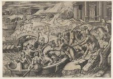 The abduction of Helen; battle scene on a shore with two men pulling Helen into a b..., ca. 1520-27. Creator: Marcantonio Raimondi.