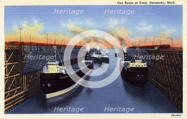 Ore boats at dock, Escanaba, Michigan, USA, 1940. Artist: Unknown