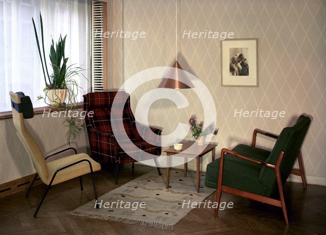 Living room in an ordinary Swedish flat, 1950s Artist: Göran Algård