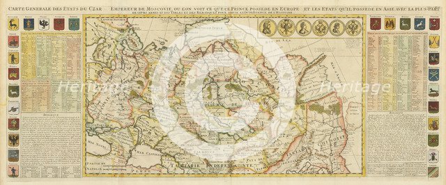 Map of Muscovy, with coats of arms, Russian coins of the day and explanatory panels.