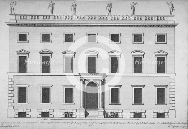 Elevation of the west front of the Rolls Office, Chancery Lane, City of London, 1718. Artist: Hendrick Hulsbergh