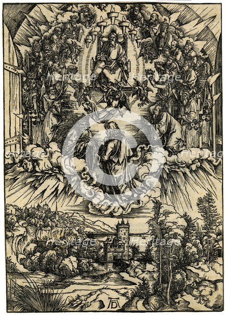 Saint John kneeling before Christ and the twenty-four elders. From Apocalypsis cum Figuris, 1498.