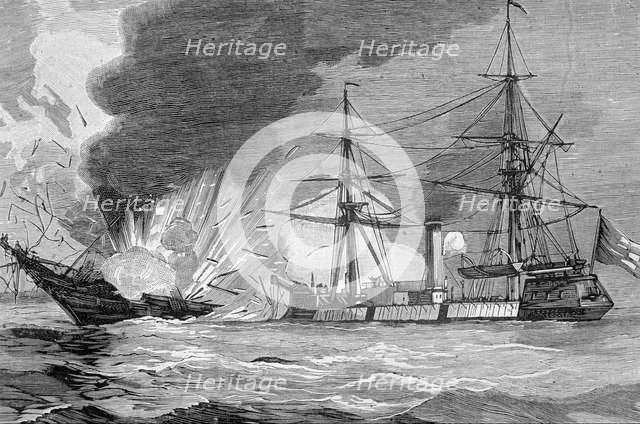 War Chile - Bolivia, naval battle of Iquique, between the Chilean corvette Esmeralda and the Moni…