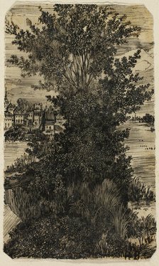 Clump of Trees with a Village in the Distance, 1861. Creator: Rodolphe Bresdin.