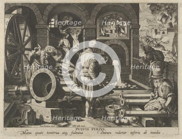 New Inventions of Modern Times [Nova Reperta], The Invention of Gunpowder, plate 3, ca..., ca. 1600. Creator: Jan Collaert I.