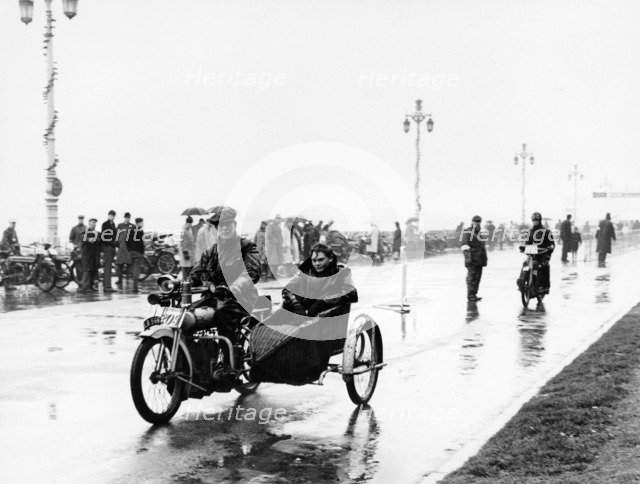 A Bat motorbike and sidecar taking part in the Pioneer Run, Brighton, 1913. Artist: Unknown