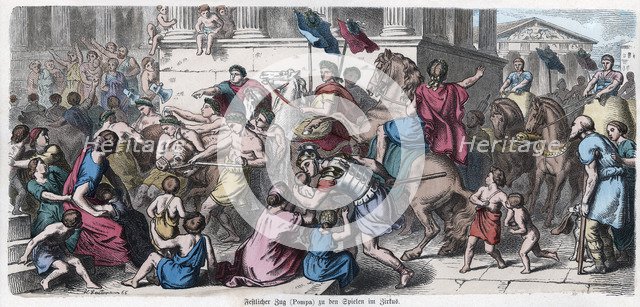 Ancient History. Rome. Procession to the circus. German engraving, 1865.