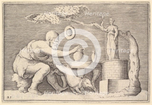 A Faun or Satyr Preparing a Pig for Sacrifice, published ca. 1599-1622. Creator: Unknown.