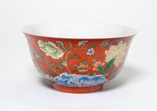 Bowl with Flowers on a Coral-Red Ground, Qing dynasty, Yongzheng reign mark (1723-1735). Creator: Unknown.