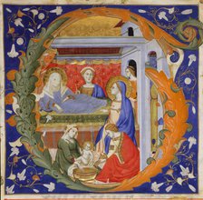 Manuscript Illumination with the Birth of the Virgin in an Initial G, from a Gradual, Italian, ca. 1 Creator: Silvestro dei Gherarducci.