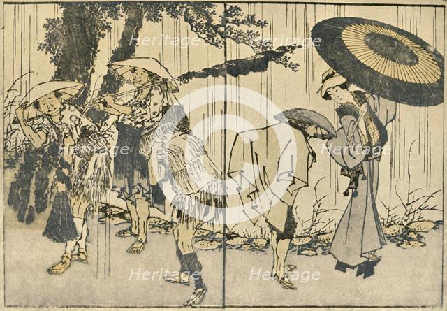 People in the rain, 1819, (1924). Creator: Hokusai.
