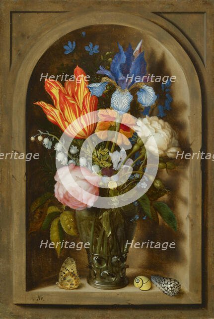 Bouquet of flowers in a Roemer glass set in a niche, c1620. Creator: Bosschaert, Ambrosius, the Elder (1573-1621).