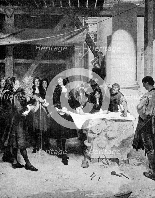 Charles II visiting Sir Christopher Wren during the building of St Paul's Cathedral, London, 1909.Artist: John Seymour Lucas