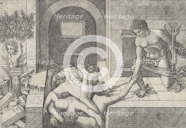 Ignorance and Mercury (an allegory of Virtue and Vice), Mercury kneeling at right..., ca. 1490-1525. Creator: Giovanni Antonio da Brescia.