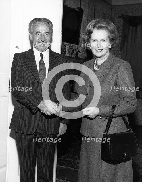 Margaret Thatcher (1925-), British Prime Minister with Shimon Peres, Israeli Prime Minister, 1987. Artist: Sidney Harris