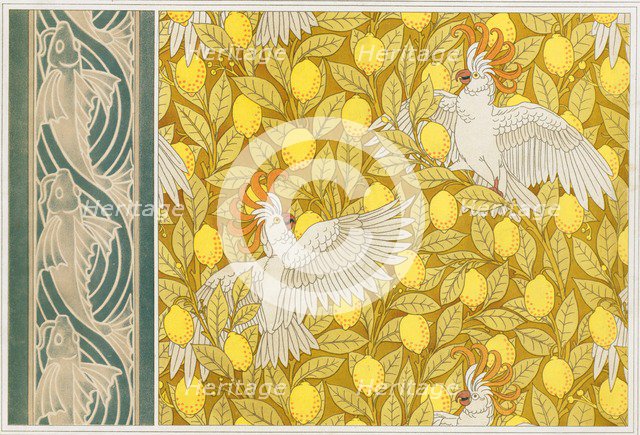 Design for Wallpaper "Cockatoos with Lemons" and Wallpaper Border with "Flying Fish",  pub. 1897. Creator: Maurice Pillard Verneuil (1869?1942).