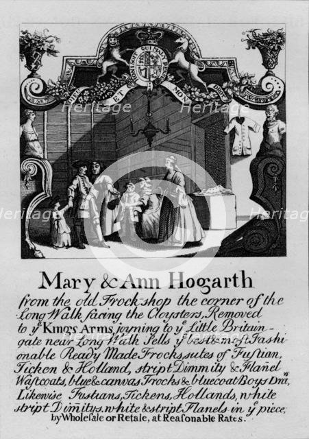 Trade card for Mary and Ann Hogarth's shop, 1807, (1827). Creator: Thomas Cook.