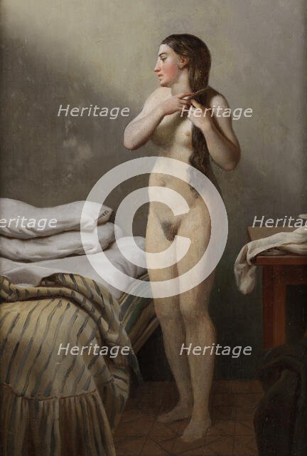 A female figure, standing by a bed, combs her hair, early-mid 19th century. Creator: CW Eckersberg.