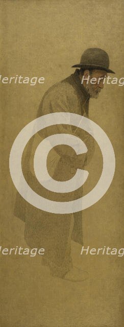 La Bouchée de pain : vieil homme coiffé d'un chapeau melon, une besace en bandoulière, c.1904. Creator: Fernand Pelez.