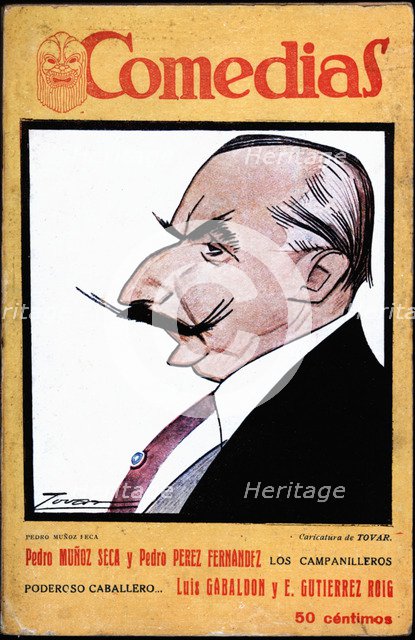 Cover of the publication 'Comedias'. Caricature of Pedro Muñoz Seca (1879-1936). Siglo XX publish…