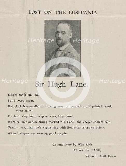 Sir Hugh Lane: Lost on the Lusitania: Broadside advertising search for Hugh Lane’s body...,c1915. Creator: Unknown.